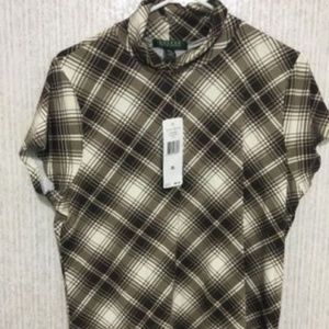 Womens Plaid Short Sleeve Mock Turtle Neck Blouse